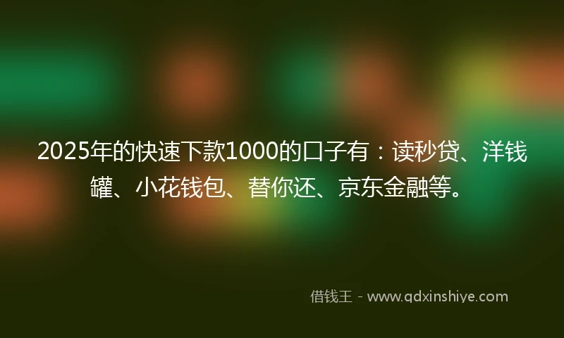 2025年的快速下款1000的口子有：读秒贷、洋钱罐、小花钱包、替你还、京东金融等。