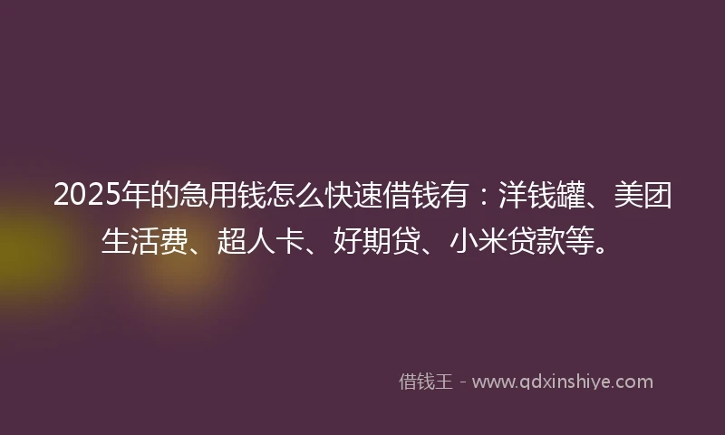 2025年的急用钱怎么快速借钱有：洋钱罐、美团生活费、超人卡、好期贷、小米贷款等。