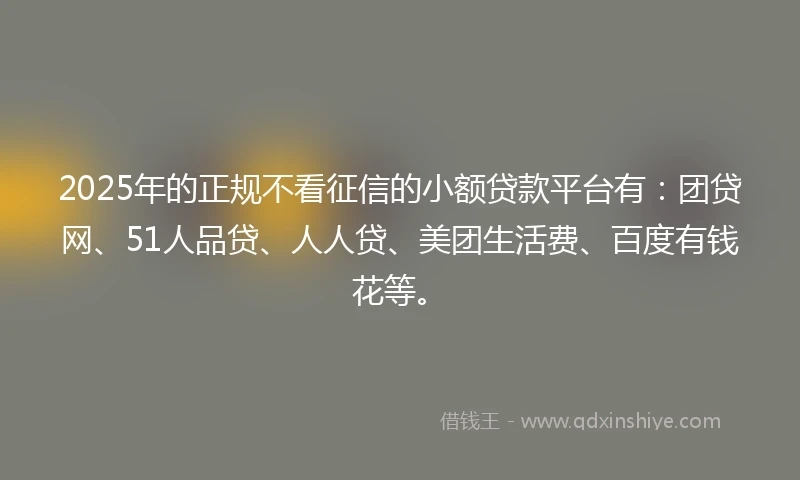 2025年的正规不看征信的小额贷款平台有：团贷网、51人品贷、人人贷、美团生活费、百度有钱花等。