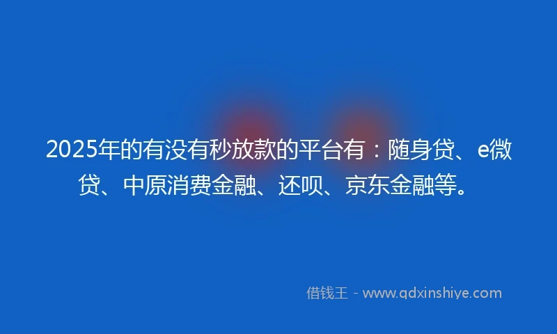 2025年的有没有秒放款的平台有：随身贷、e微贷、中原消费金融、还呗、京东金融等。