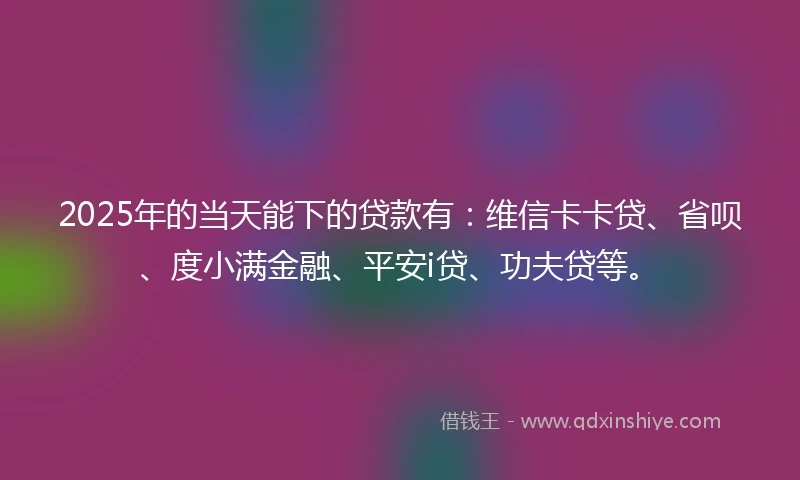 2025年的当天能下的贷款有：维信卡卡贷、省呗、度小满金融、平安i贷、功夫贷等。