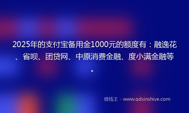 2025年的支付宝备用金1000元的额度有：融逸花、省呗、团贷网、中原消费金融、度小满金融等。
