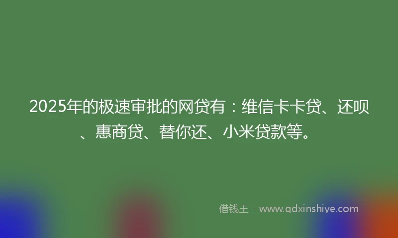 2025年的极速审批的网贷有：维信卡卡贷、还呗、惠商贷、替你还、小米贷款等。