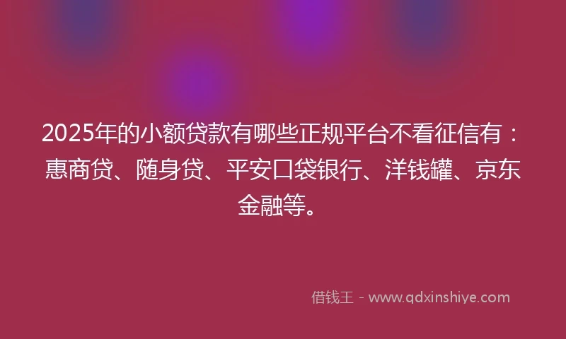 2025年的小额贷款有哪些正规平台不看征信有：惠商贷、随身贷、平安口袋银行、洋钱罐、京东金融等。