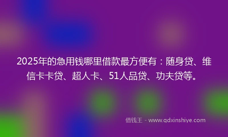 2025年的急用钱哪里借款最方便有：随身贷、维信卡卡贷、超人卡、51人品贷、功夫贷等。