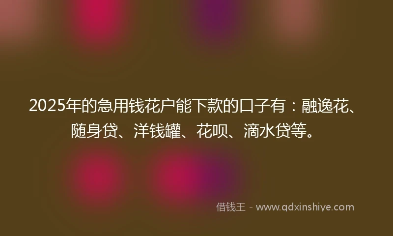 2025年的急用钱花户能下款的口子有：融逸花、随身贷、洋钱罐、花呗、滴水贷等。