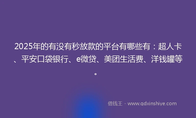 2025年的有没有秒放款的平台有哪些有：超人卡、平安口袋银行、e微贷、美团生活费、洋钱罐等。