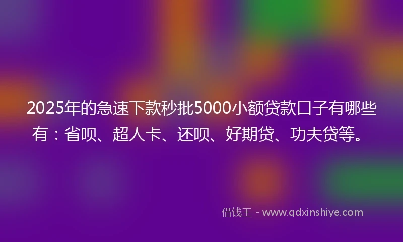 2025年的急速下款秒批5000小额贷款口子有哪些有：省呗、超人卡、还呗、好期贷、功夫贷等。