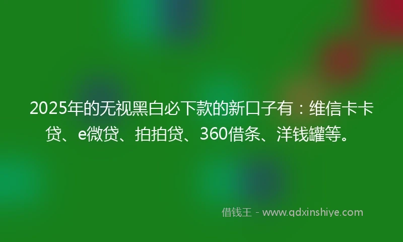 2025年的无视黑白必下款的新口子有：维信卡卡贷、e微贷、拍拍贷、360借条、洋钱罐等。