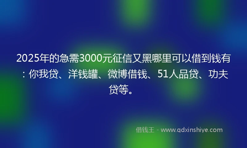 2025年的急需3000元征信又黑哪里可以借到钱有：你我贷、洋钱罐、微博借钱、51人品贷、功夫贷等。
