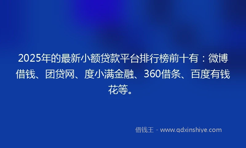2025年的最新小额贷款平台排行榜前十有：微博借钱、团贷网、度小满金融、360借条、百度有钱花等。