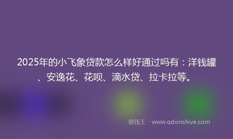 2025年的小飞象贷款怎么样好通过吗有：洋钱罐、安逸花、花呗、滴水贷、拉卡拉等。