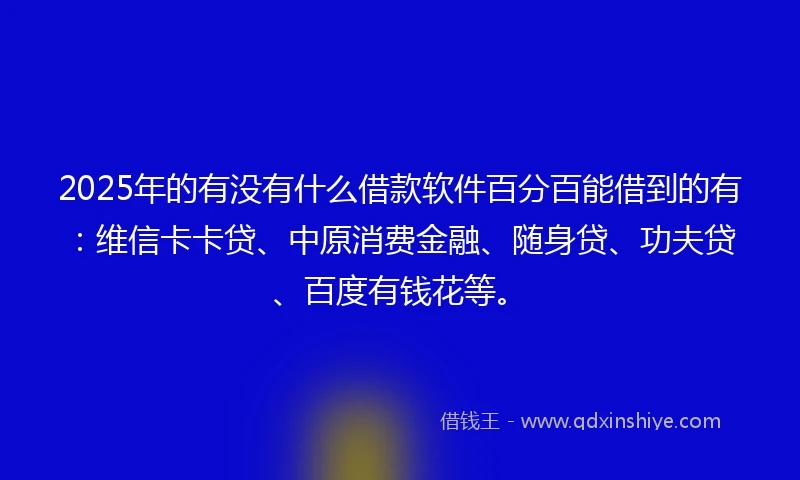 2025年的有没有什么借款软件百分百能借到的有：维信卡卡贷、中原消费金融、随身贷、功夫贷、百度有钱花等。