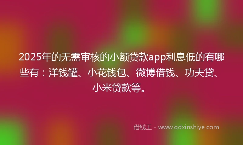 2025年的无需审核的小额贷款app利息低的有哪些有：洋钱罐、小花钱包、微博借钱、功夫贷、小米贷款等。