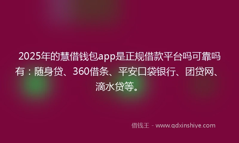2025年的慧借钱包app是正规借款平台吗可靠吗有：随身贷、360借条、平安口袋银行、团贷网、滴水贷等。
