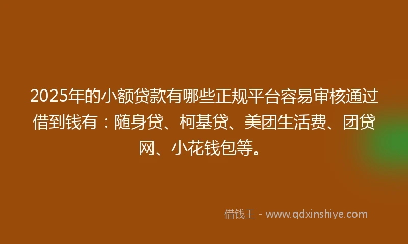 2025年的小额贷款有哪些正规平台容易审核通过借到钱有：随身贷、柯基贷、美团生活费、团贷网、小花钱包等。