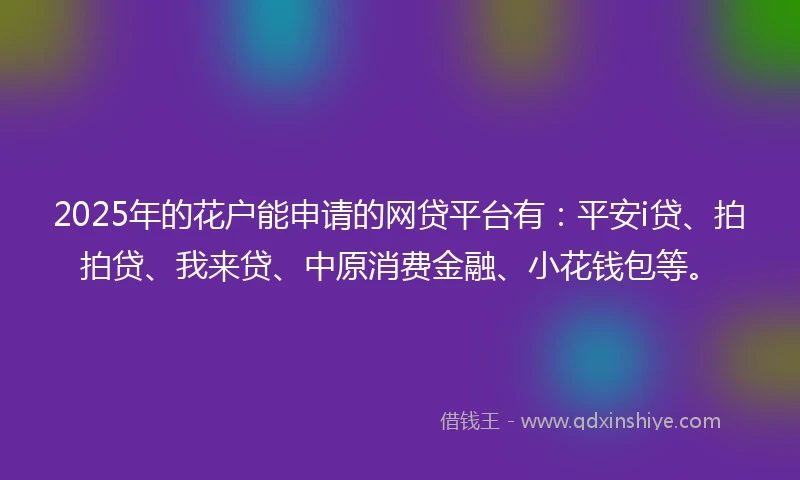 2025年的花户能申请的网贷平台有：平安i贷、拍拍贷、我来贷、中原消费金融、小花钱包等。
