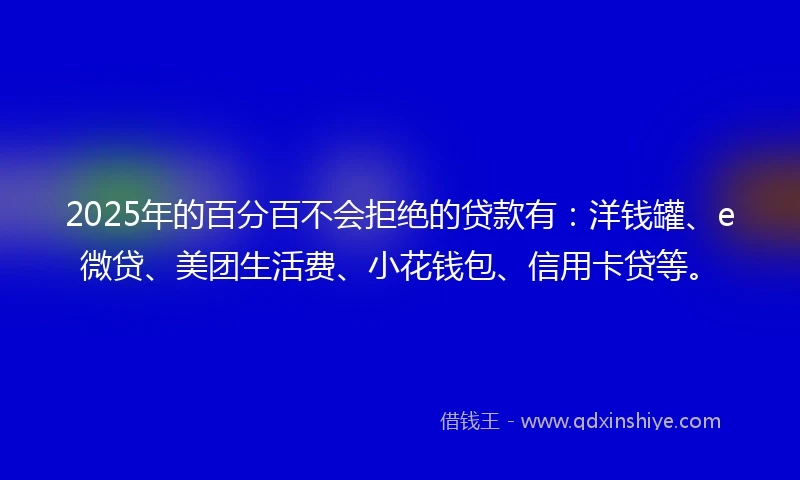 2025年的百分百不会拒绝的贷款有：洋钱罐、e微贷、美团生活费、小花钱包、信用卡贷等。