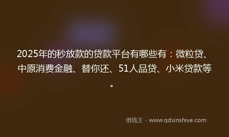 2025年的秒放款的贷款平台有哪些有：微粒贷、中原消费金融、替你还、51人品贷、小米贷款等。