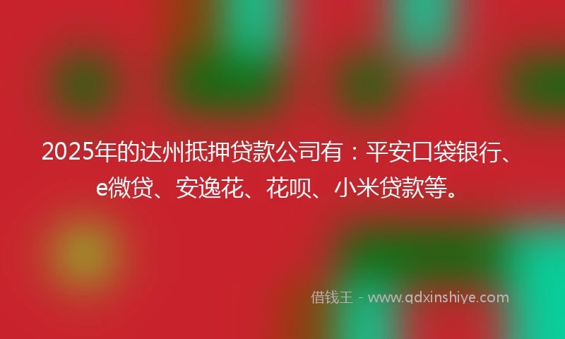 2025年的达州抵押贷款公司有：平安口袋银行、e微贷、安逸花、花呗、小米贷款等。