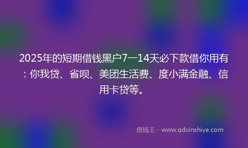 2025年的短期借钱黑户7一14天必下款借你用有：你我贷、省呗、美团生活费、度小满金融、信用卡贷等。