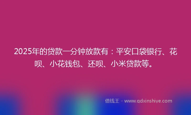 2025年的贷款一分钟放款有：平安口袋银行、花呗、小花钱包、还呗、小米贷款等。