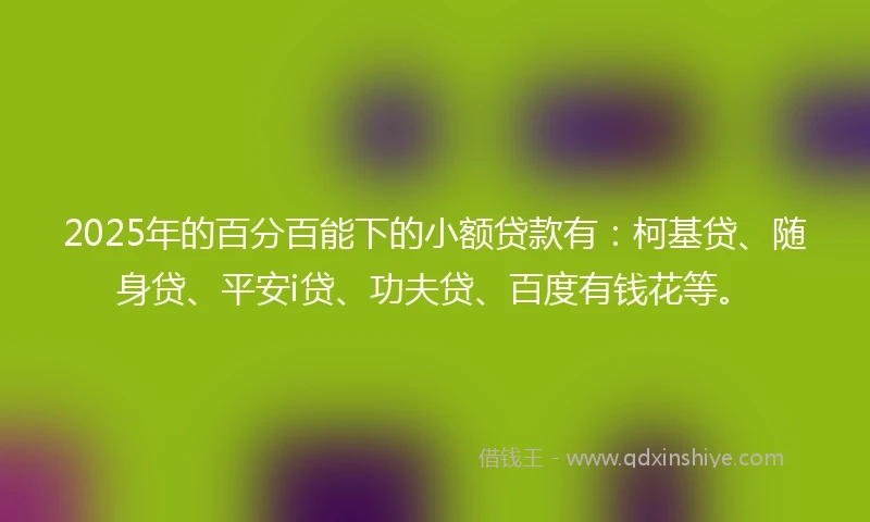 2025年的百分百能下的小额贷款有：柯基贷、随身贷、平安i贷、功夫贷、百度有钱花等。