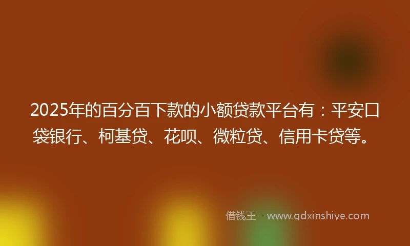 2025年的百分百下款的小额贷款平台有：平安口袋银行、柯基贷、花呗、微粒贷、信用卡贷等。