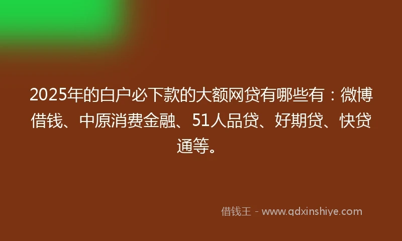 2025年的白户必下款的大额网贷有哪些有：微博借钱、中原消费金融、51人品贷、好期贷、快贷通等。
