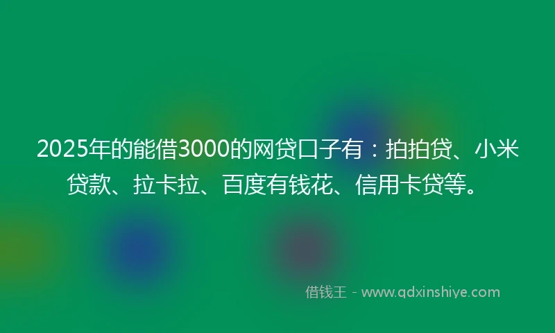 2025年的能借3000的网贷口子有：拍拍贷、小米贷款、拉卡拉、百度有钱花、信用卡贷等。
