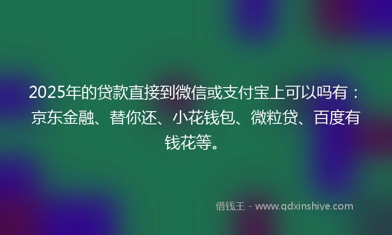 2025年的贷款直接到微信或支付宝上可以吗有:京东金融、替你还、小花钱包、微粒贷、百度有钱花等。