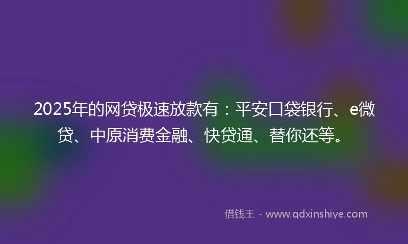 2025年的网贷极速放款有：平安口袋银行、e微贷、中原消费金融、快贷通、替你还等。
