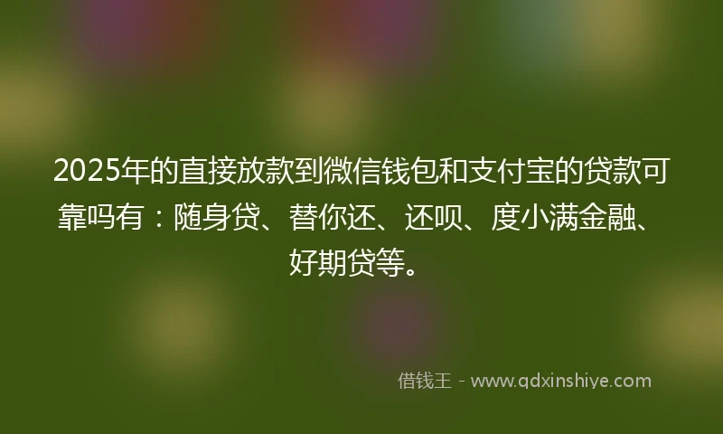 2025年的直接放款到微信钱包和支付宝的贷款可靠吗有：随身贷、替你还、还呗、度小满金融、好期贷等。