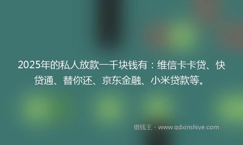 2025年的私人放款一千块钱有：维信卡卡贷、快贷通、替你还、京东金融、小米贷款等。