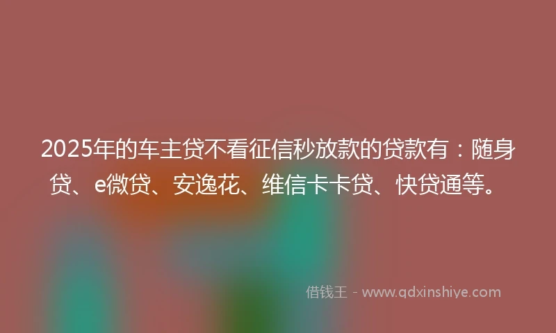 2025年的车主贷不看征信秒放款的贷款有：随身贷、e微贷、安逸花、维信卡卡贷、快贷通等。