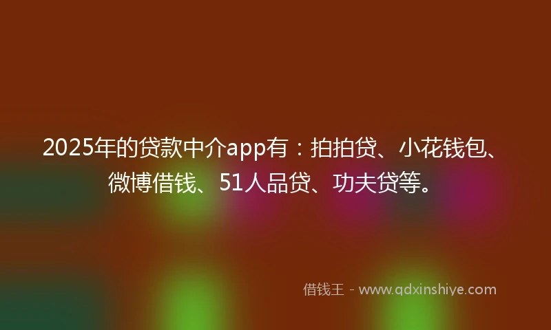 2025年的贷款中介app有：拍拍贷、小花钱包、微博借钱、51人品贷、功夫贷等。