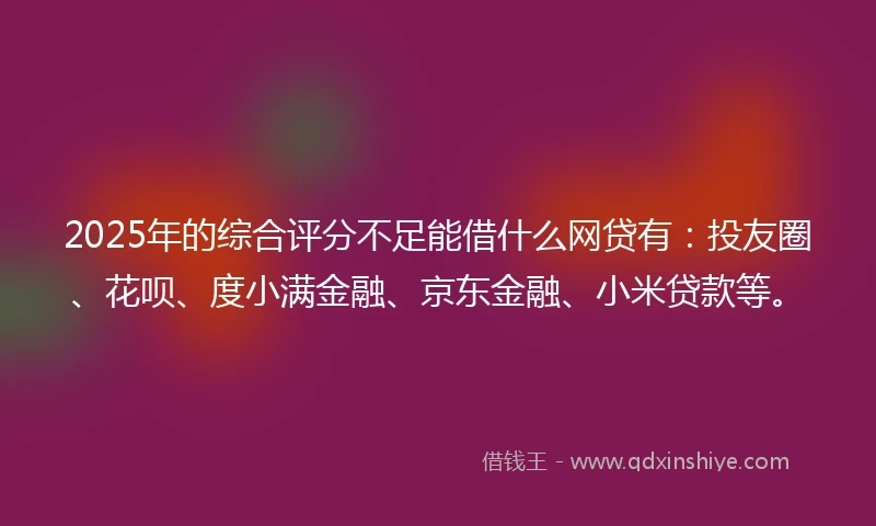 2025年的综合评分不足能借什么网贷有：投友圈、花呗、度小满金融、京东金融、小米贷款等。