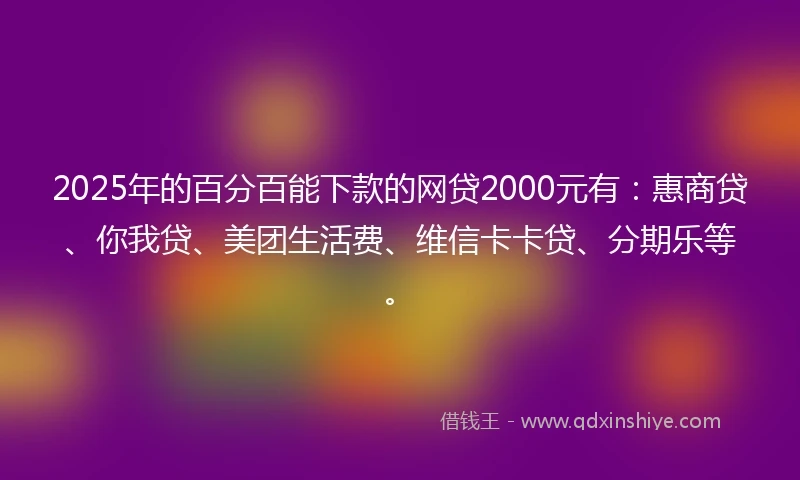 2025年的百分百能下款的网贷2000元有：惠商贷、你我贷、美团生活费、维信卡卡贷、分期乐等。