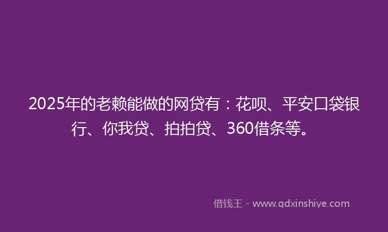2025年的老赖能做的网贷有：花呗、平安口袋银行、你我贷、拍拍贷、360借条等。