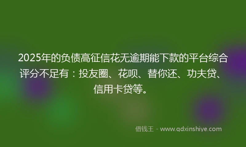 2025年的负债高征信花无逾期能下款的平台综合评分不足有：投友圈、花呗、替你还、功夫贷、信用卡贷等。