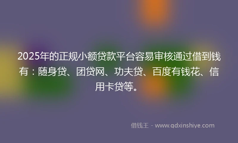 2025年的正规小额贷款平台容易审核通过借到钱有：随身贷、团贷网、功夫贷、百度有钱花、信用卡贷等。
