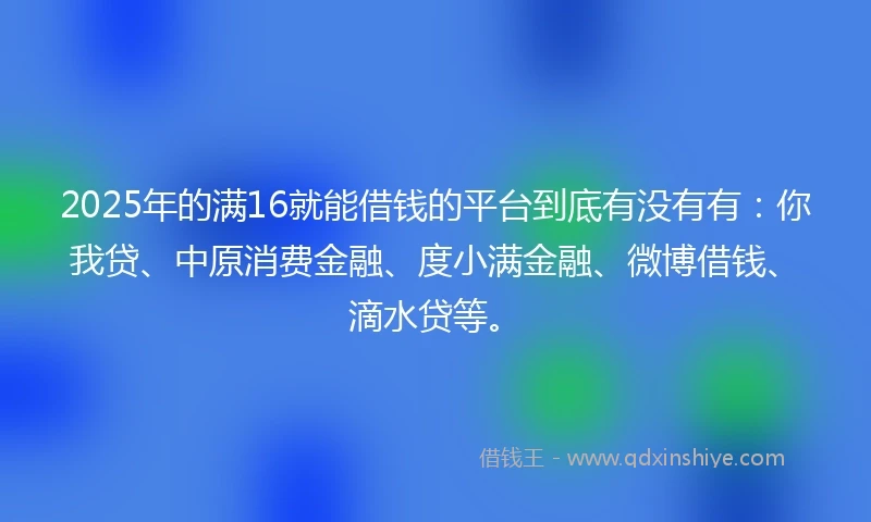 2025年的满16就能借钱的平台到底有没有有：你我贷、中原消费金融、度小满金融、微博借钱、滴水贷等。