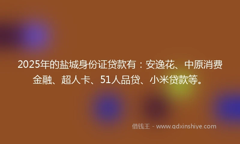 2025年的盐城身份证贷款有：安逸花、中原消费金融、超人卡、51人品贷、小米贷款等。