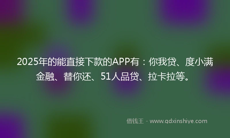 2025年的能直接下款的APP有：你我贷、度小满金融、替你还、51人品贷、拉卡拉等。