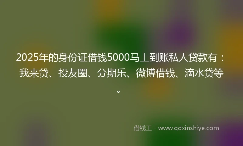 2025年的身份证借钱5000马上到账私人贷款有：我来贷、投友圈、分期乐、微博借钱、滴水贷等。