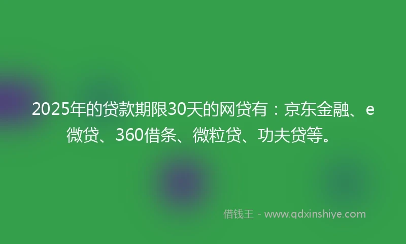 2025年的贷款期限30天的网贷有：京东金融、e微贷、360借条、微粒贷、功夫贷等。