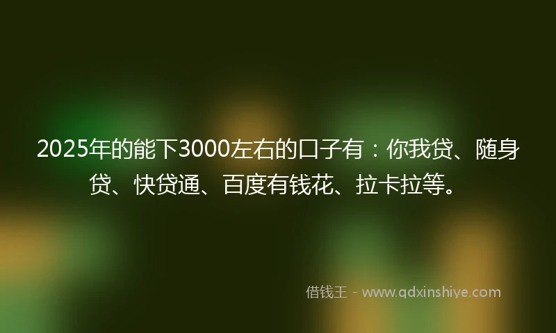 2025年的能下3000左右的口子有：你我贷、随身贷、快贷通、百度有钱花、拉卡拉等。