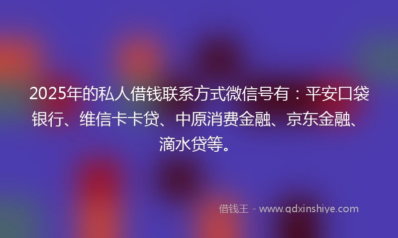 2025年的私人借钱联系方式微信号有：平安口袋银行、维信卡卡贷、中原消费金融、京东金融、滴水贷等。