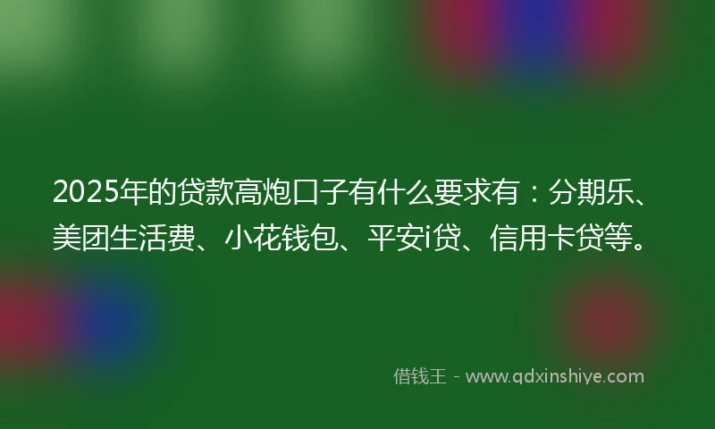 2025年的贷款高炮口子有什么要求有：分期乐、美团生活费、小花钱包、平安i贷、信用卡贷等。