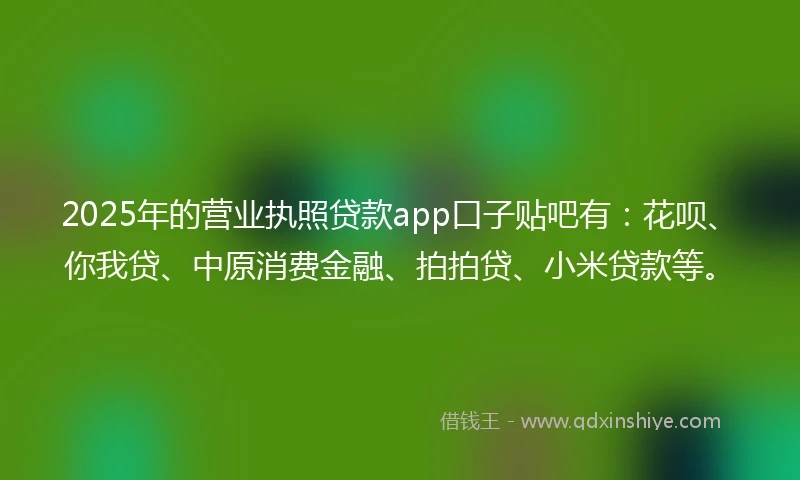 2025年的营业执照贷款app口子贴吧有：花呗、你我贷、中原消费金融、拍拍贷、小米贷款等。